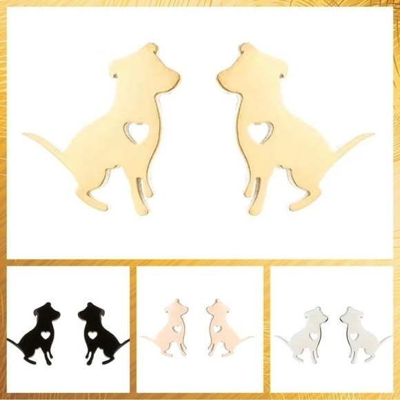 Dog Pitbull and Heart Stainless Steel Stud Earrings #812 (Color: gold) - Picture 1 of 9